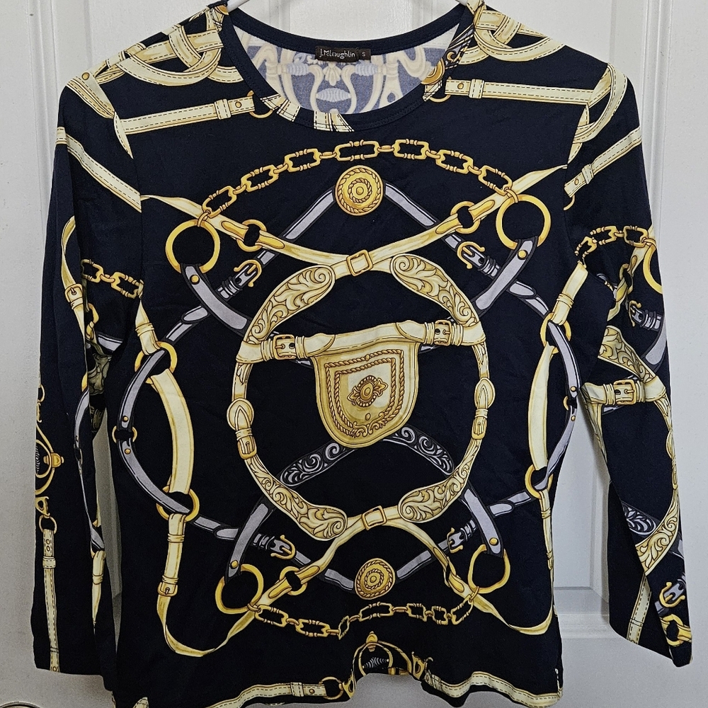J. McLaughlin Catalina Navy Equestrian Top With Gold Ropes And Chains Size Small - Picture 2 of 4
